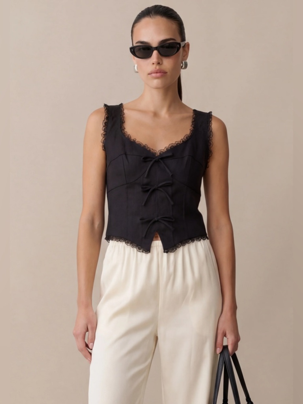 Black Lace-Trim Bow Front Tank Top